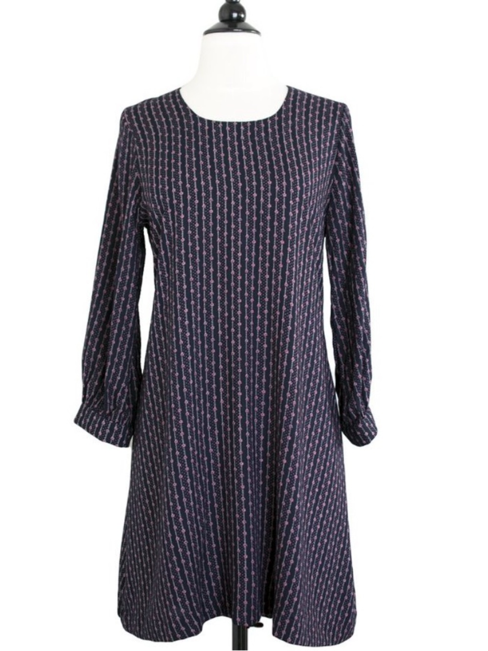 Floral Vine Print Vintage Inspired Shift Dress Navy Blue Pink Print 3/4 Sleeve